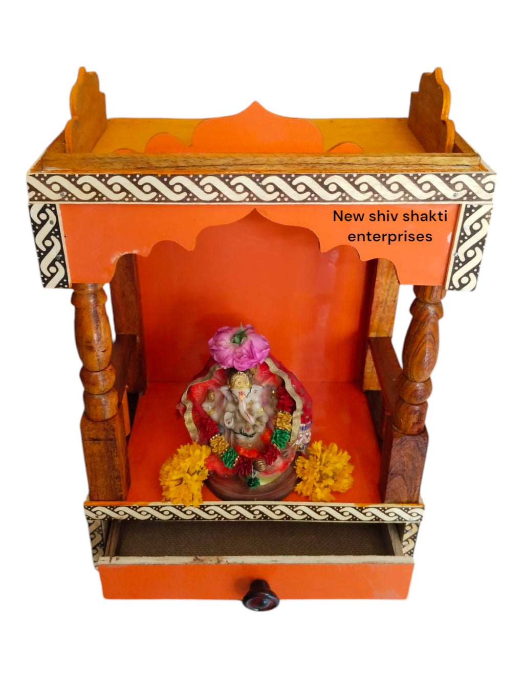 Wooden Home Temple Mandir with Drawer, Orange and White Border Pattern, Traditional Design