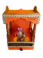 Wooden Home Temple Mandir with Drawer, Orange and White Border Pattern, Traditional Design