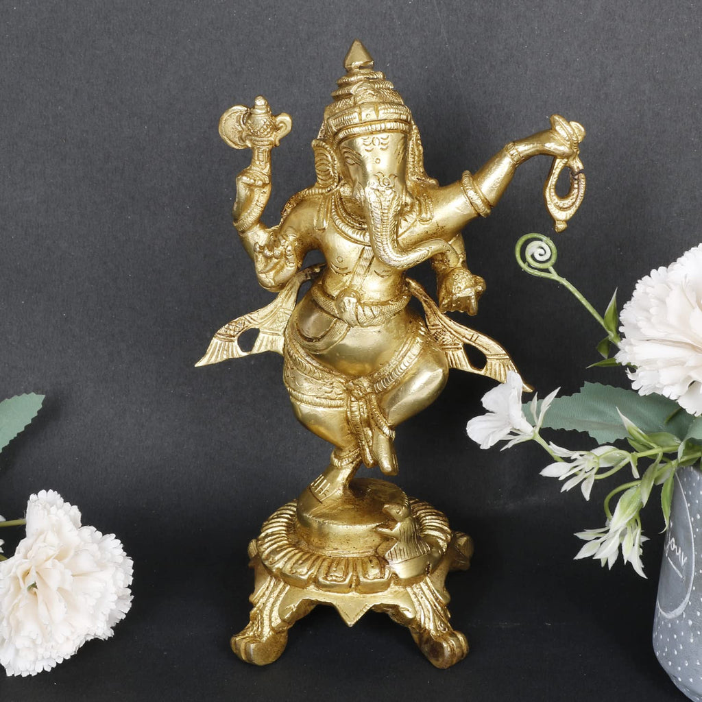 ARTVARKO Brass Ganesha Bhagwan Idol Dancing Ganesh Standing Statue Ganpati Murti for Temple Puja Home Entrance Décor Luck Gift Height 8 Inch