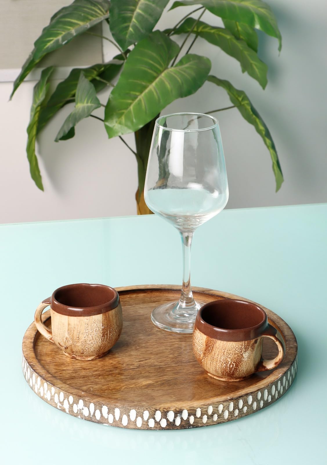 WOOD ART STORE Wooden Round Tray for Serving | Beautiful Tray for Home Decor Kitchen | Decorative Tray for Storage Foods,Drinks & Makeups Size 11x11x1 Inches (Brown & White)