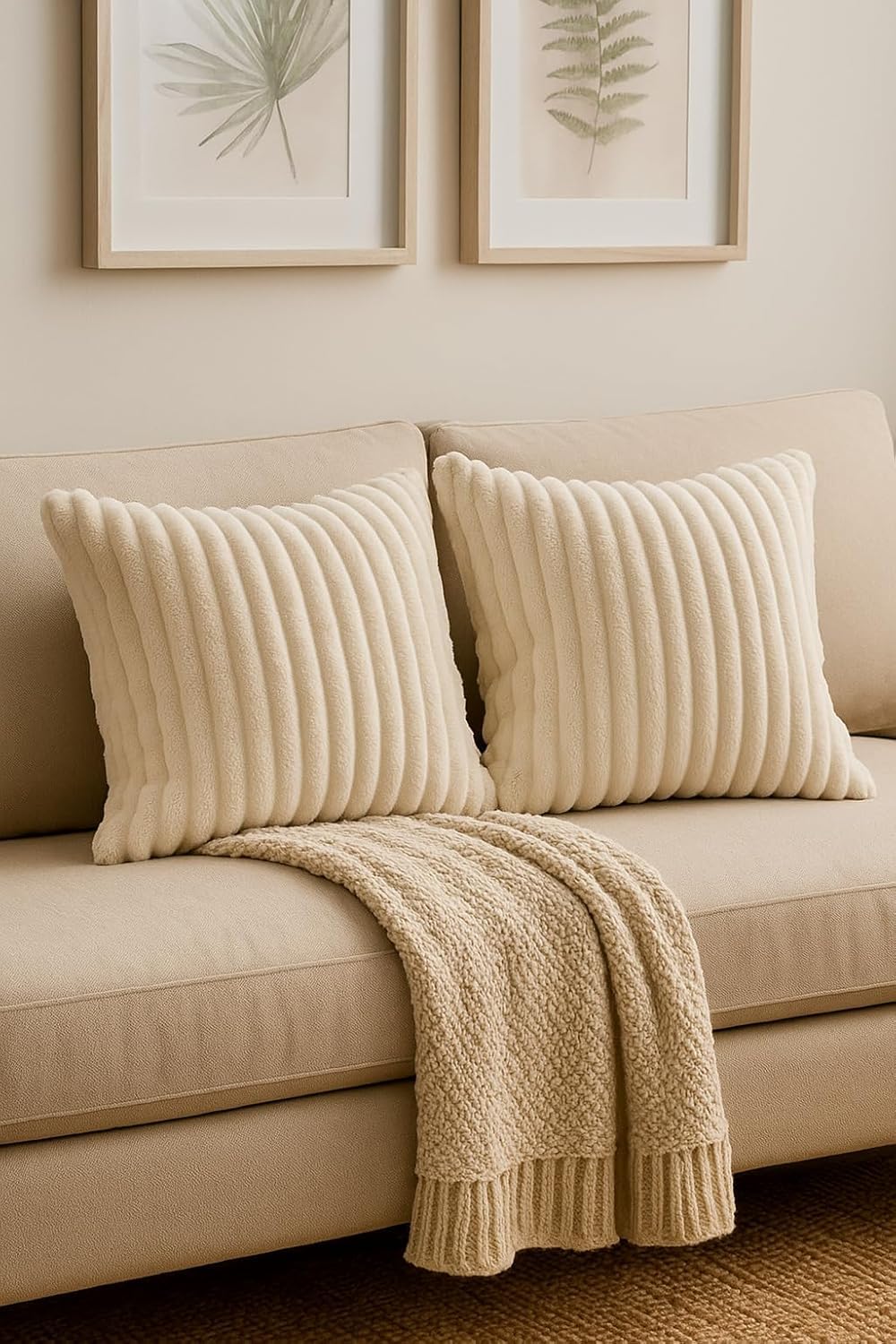 AWARD VELVETS Premium Faux Rabbit Fur Plush Luxury Soft Fluffy Striped Decorative Throw Pillow/Cushion Covers for Sofa, Couch, Living Room - (Off White, 16 x 16 inch) Set of 1