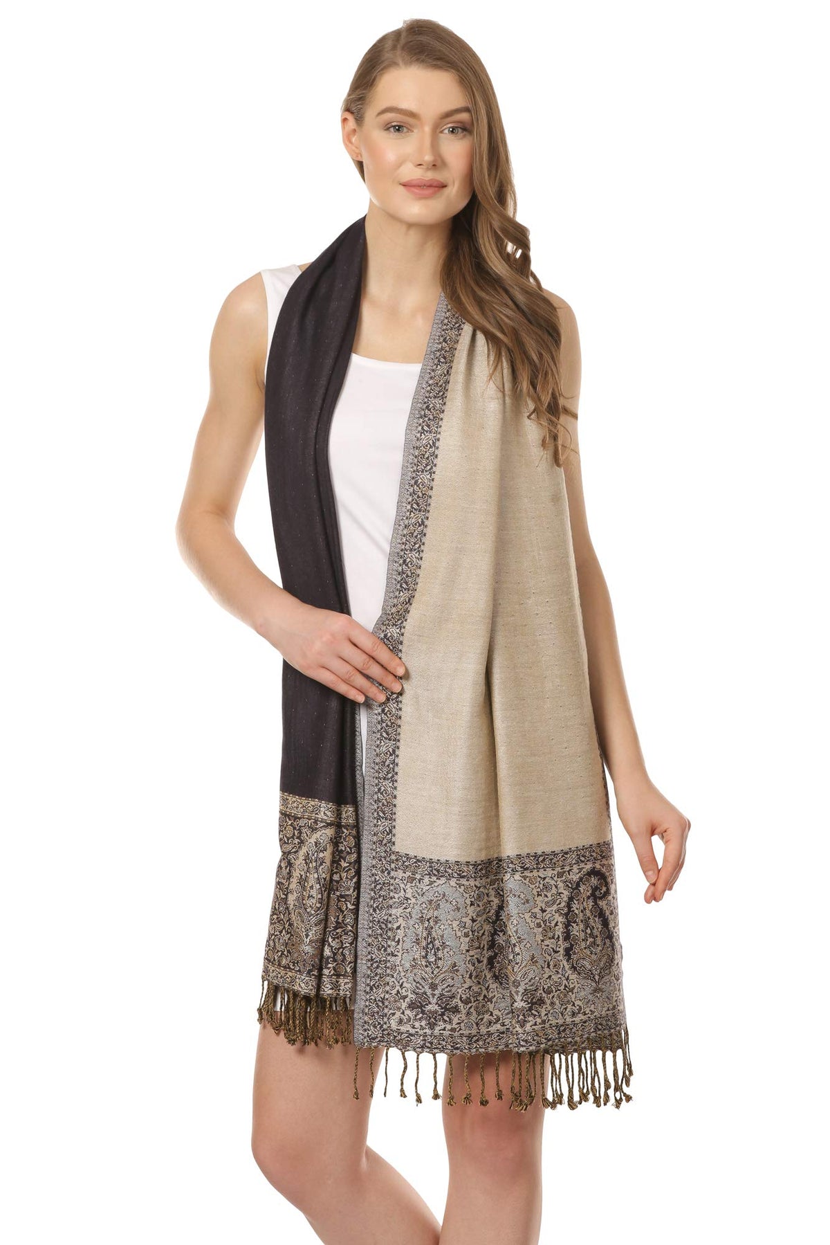 Pashtush Womens Soft Bamboo Stole, Reversible Design, Twin Colored, With Multi Colored Stripes 70 x 200 cm