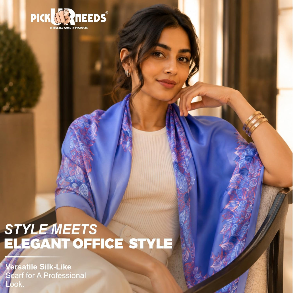 Pick Ur Needs Premium Satin Silk Feel Rectangle Scarf for Womens & Girls Floral Printed Long Fashion Stall Soft Lightweight Neck, Head & Shoulder Wrap