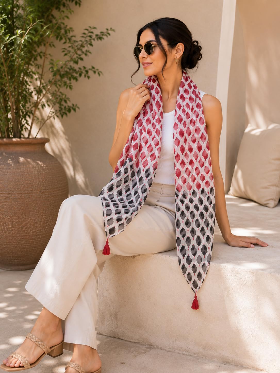 ESTA Women Scarf|Stole For Women|Scarf For Women Stylish|Stall For Women|Modern chic Face Cover Head Wrap |Ikat Inspired Printed Tassel Stole red .black color|180x50cm