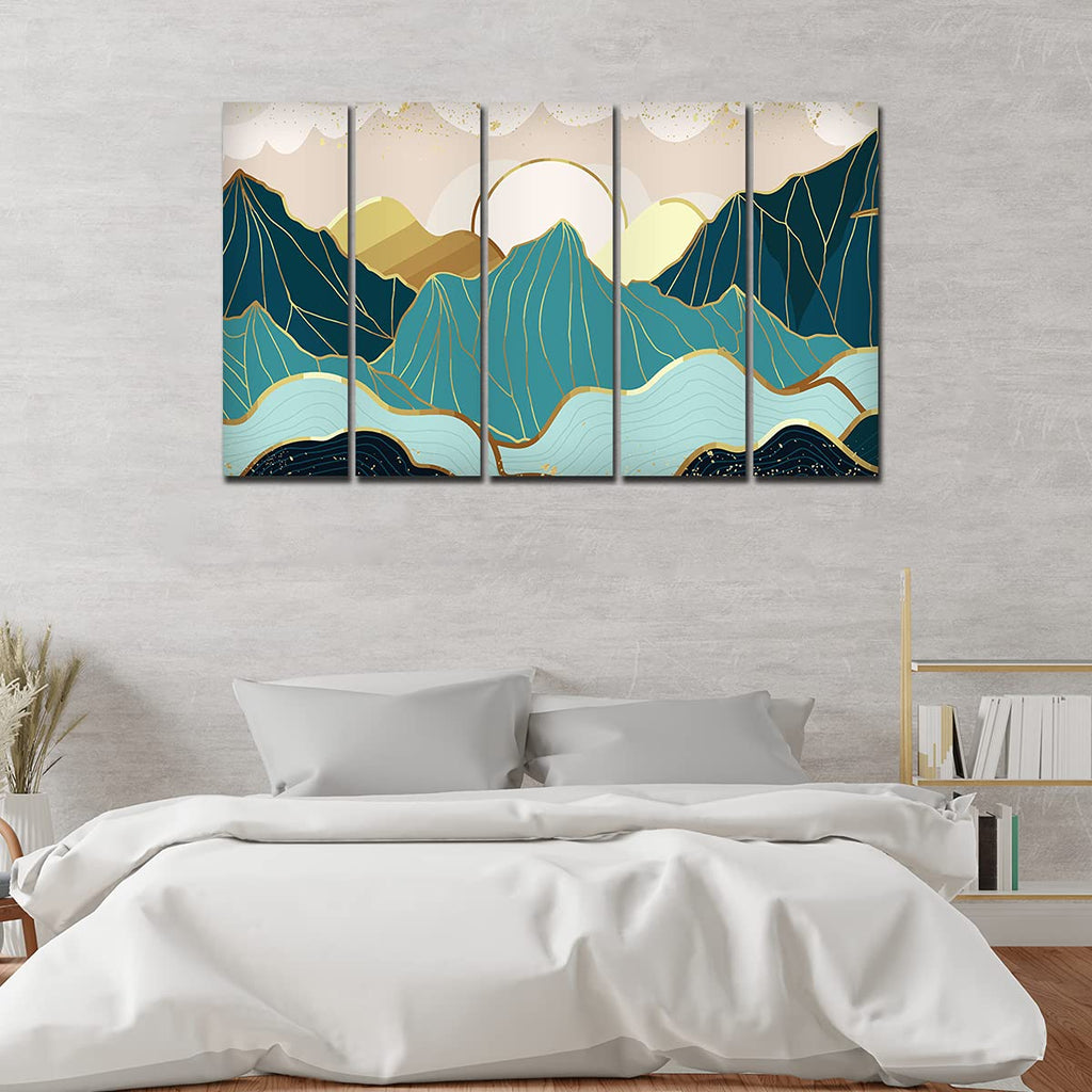 VIBECRAFTS Sunrise Abstract Mountains 5 Pieces Premium Wall Painting For Home|Office|Living Room|Gift (PTVC5Pcs4_8502N)