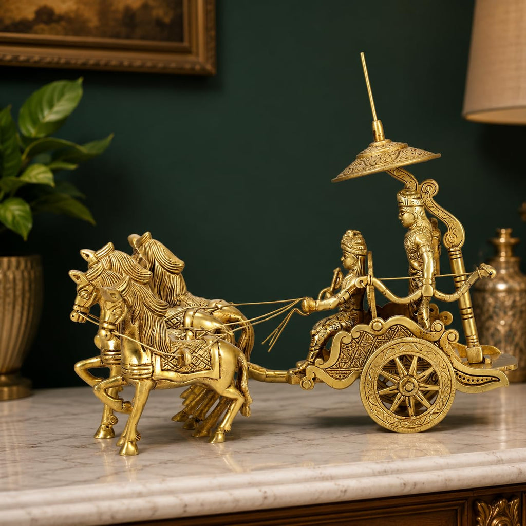 ARTVARKO Brass Four Horses Mahabharat/Geeta Arjun Chariot (Rath) with Krishna & Hanuman Lord Krishna Arjun Rath Idol Showpieces 10 Inch