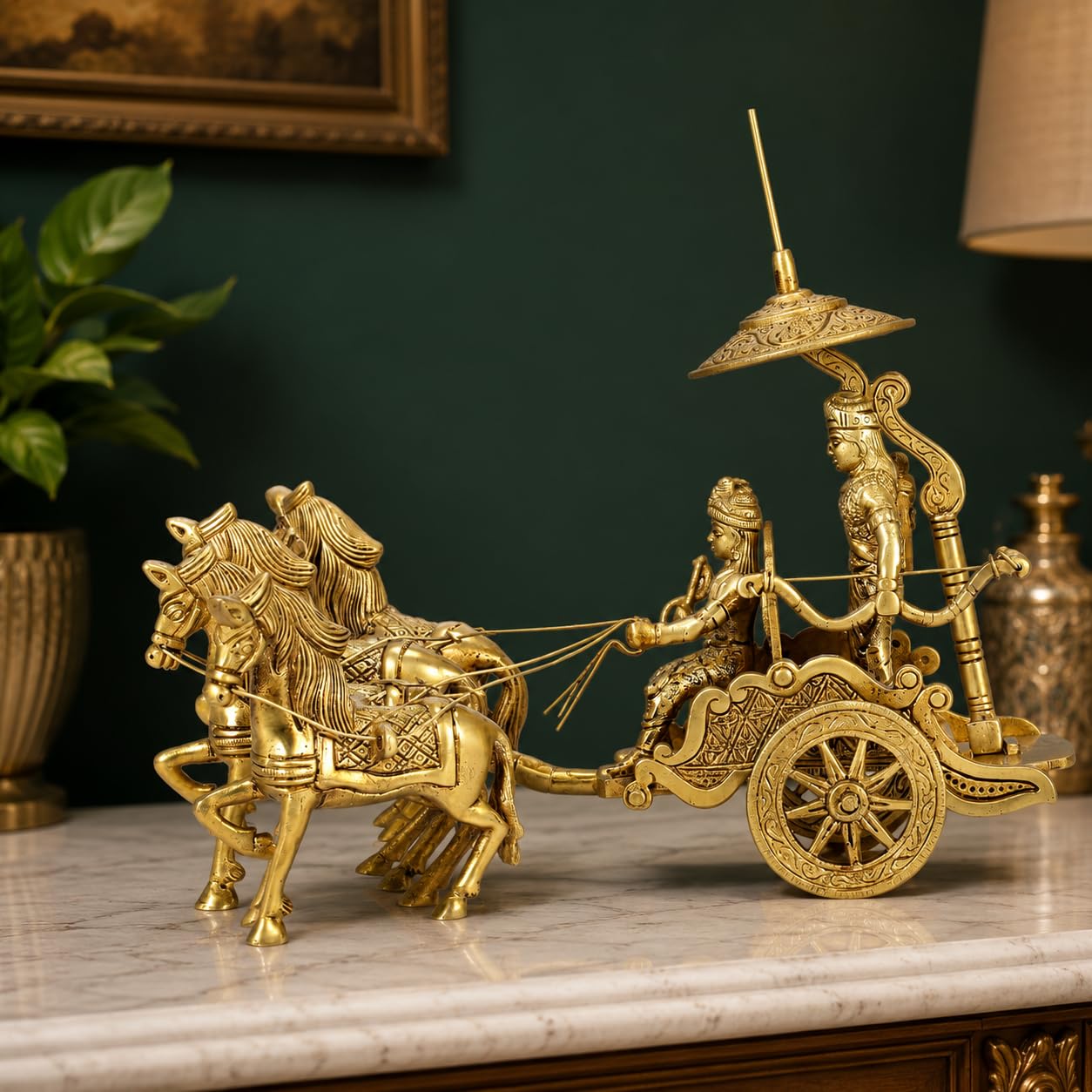 ARTVARKO Brass Four Horses Mahabharat/Geeta Arjun Chariot (Rath) with Krishna & Hanuman Lord Krishna Arjun Rath Idol Showpieces 10 Inch