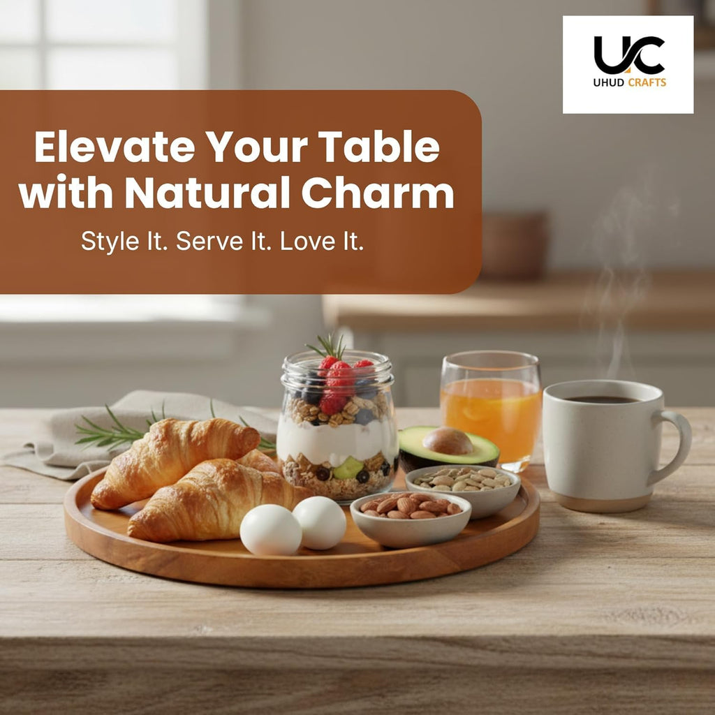 UHUD CRAFTS Premium Wooden Round Serving Tray/Platter | Decorative Tray for Home Decor, Dining Table & Kitchen Decor | Circular Solid Wood Tray for Serving Tea, Coffee or Breakfast