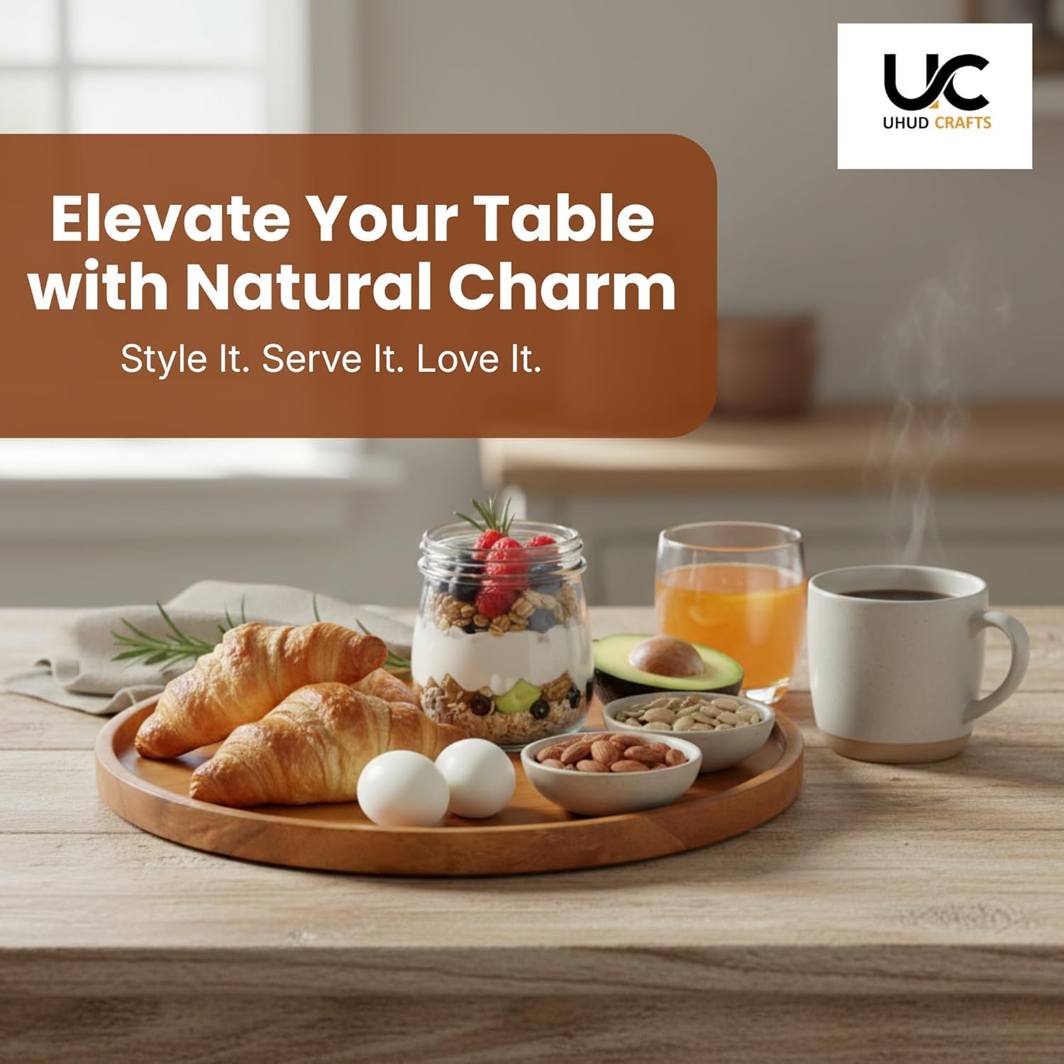 UHUD CRAFTS Premium Wooden Round Serving Tray/Platter | Decorative Tray for Home Decor, Dining Table & Kitchen Decor | Circular Solid Wood Tray for Serving Tea, Coffee or Breakfast