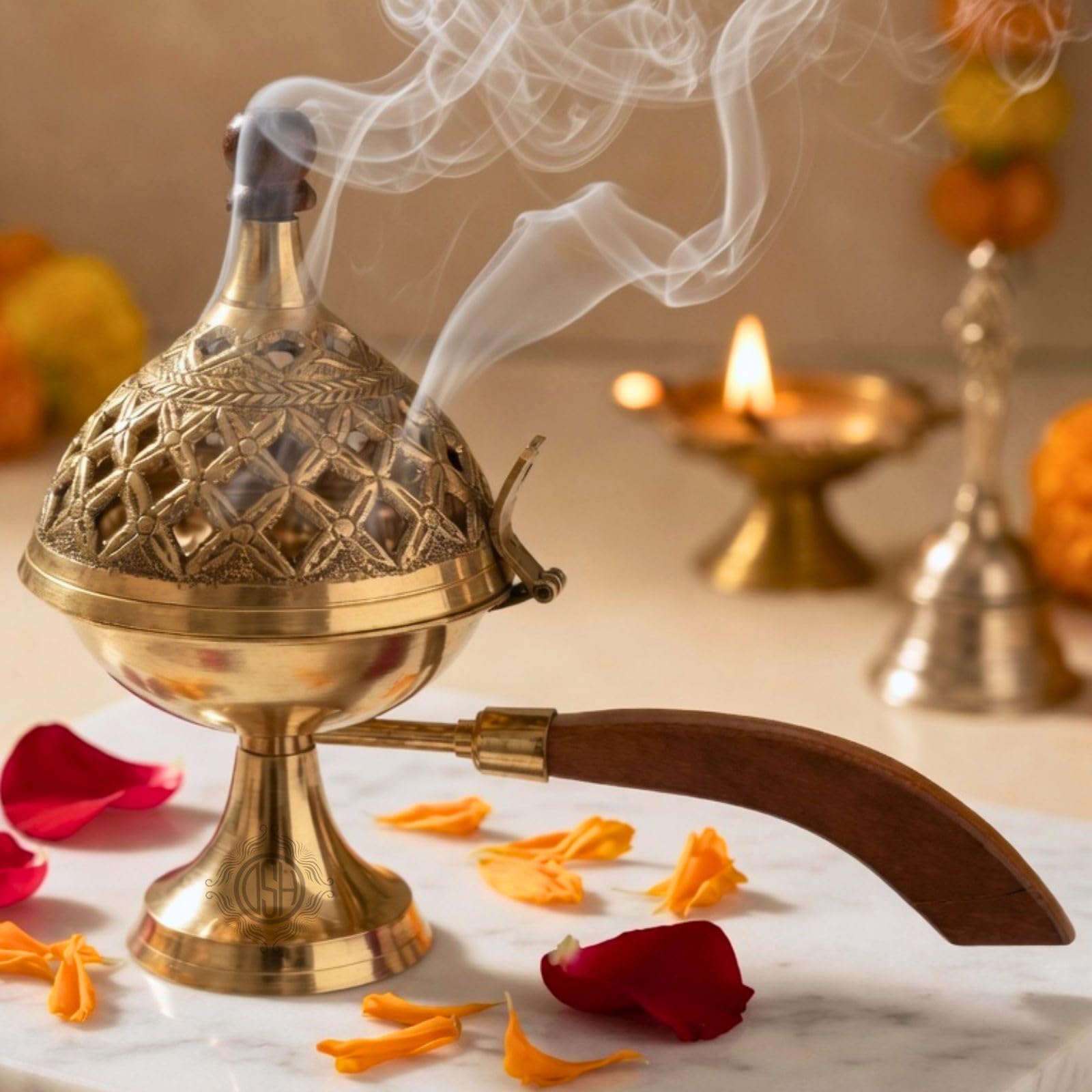DSH Brass Incense Burner with Wooden Handle – Handcrafted Decorative Charcoal Bakhoor Burner with Lid for Home Fragrance (8.5 Inch)