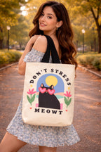 THE SACK CO. Large Canvas Tote Bag for Women, Tote Handbags for Women with Zipper & for College, Shopping, Office (tsc-Don't Stress Meowt)