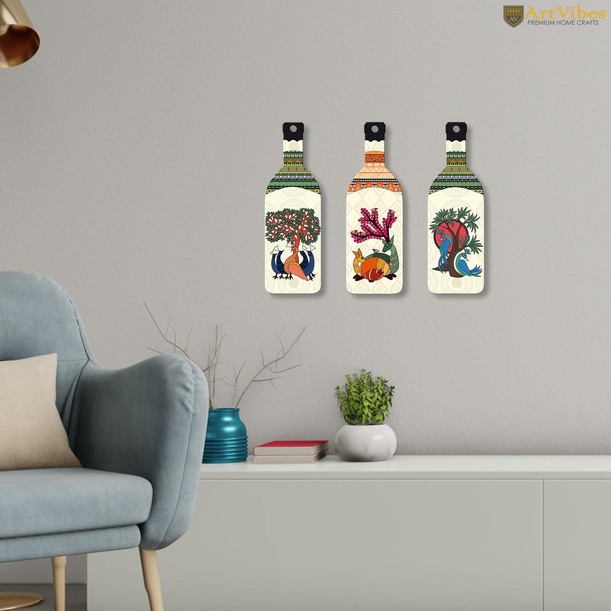 Artvibes Animals and Birds Madhubani Art Bottle shaped Wooden Wall Hanging | Living Room | Handcrafted Art | Wall Illustrations | Art Prints | Aesthetic Wall Art | Ideal Gifts (WH_9524N), Set of 3