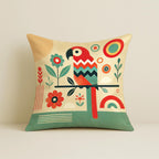 STITCHNEST Printed Satin Cushion Covers Colorful Parrot with Botanical & Geometric Chevron Design, 16x16 Inch, Pack of 2 for Artistic, Playful & Boho Home Styling