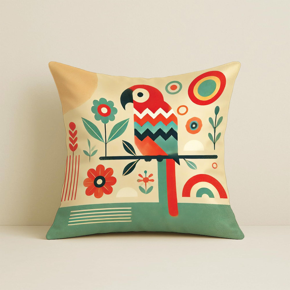 STITCHNEST Printed Satin Cushion Covers Colorful Parrot with Botanical & Geometric Chevron Design, 16x16 Inch, Pack of 2 for Artistic, Playful & Boho Home Styling