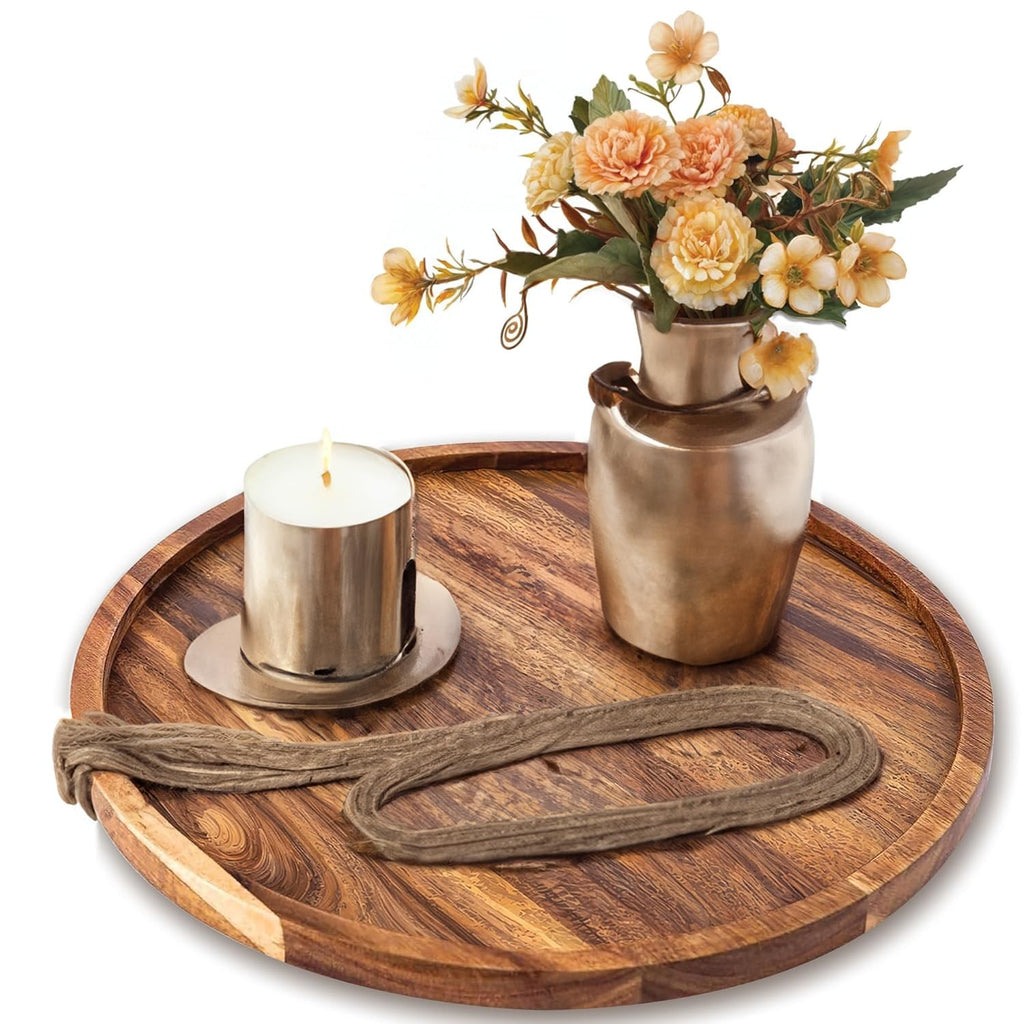 HusNain Wooden Handmade Round Serving Tray for Home Decoration- Wood Tray for Kitchen Dining Room Table - Platter for Office- Candle Tray for Coffee Table, Coffee or Breakfast (Standard)