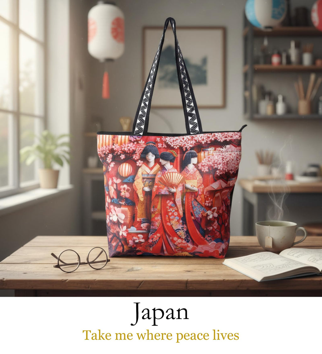 WOTM On The Move Tote | Premium Printed Cotton Canvas Tote Bag with Zipper & Inside Pocket, Stylish Everyday Travel Bag for Work, College, Office, Travel, Shopping (Japan)