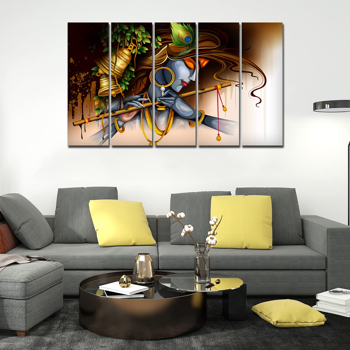VIBECRAFTS Krishna Playing Bansuri 5 Pieces Canvas Wall Painting For Home | Office | Living Room | Gift (PTVC5Pcs4_8505)