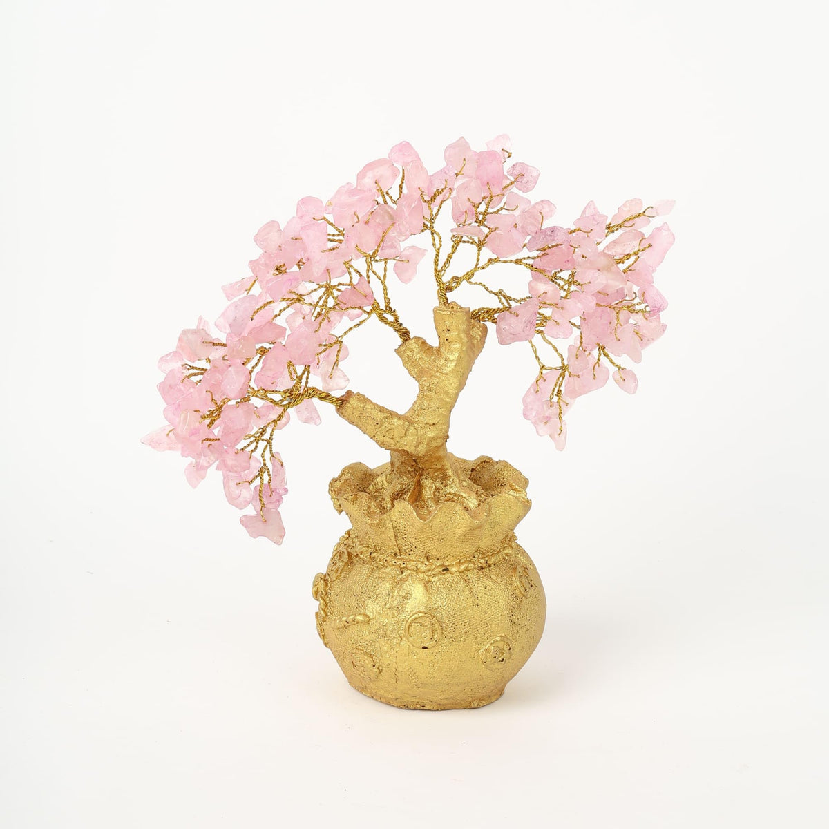 Habere India-All the Cultures Fabricating India Rose Quartz Crystal Tree in Gold Pot | Feng Shui Tree for Love, Harmony & Positive Energy | Healing Crystal Home Decor (L15 x W10 x H17 cm)