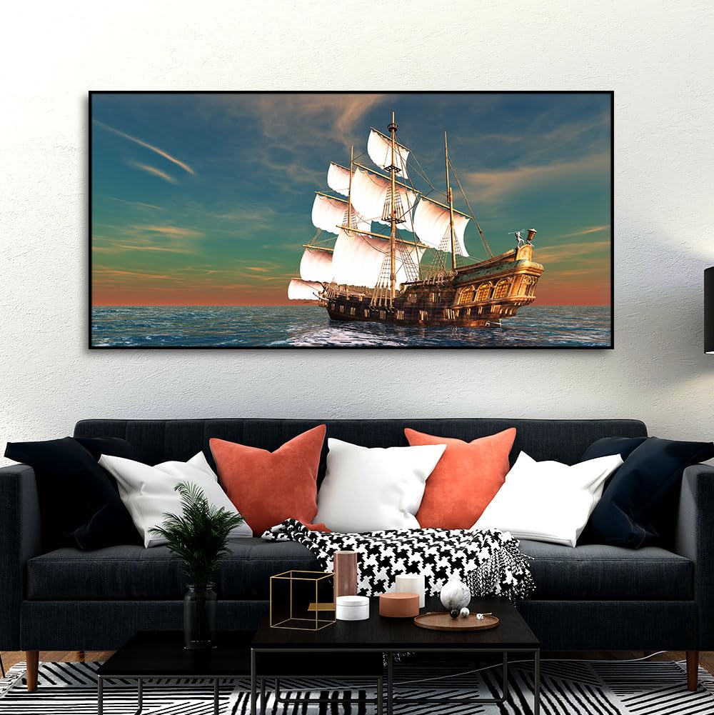 VIBECRAFTS Sailing Ship On the Ocean Canvas Wall Painting With Frame for Living Room Drawing Room Bedroom Home|Office|Gift (PTVCH_2203NN)