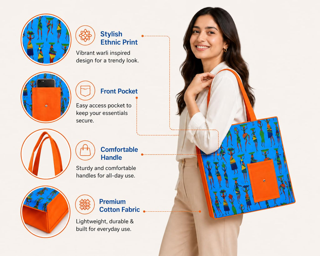 Vaishnavi Solapur Creations Warli Printed Cotton Tote Bag for Women | Ethnic Handmade Shoulder Handbag | Reusable Eco-Friendly Shopping & Daily Use Bag (Ananda Blue)