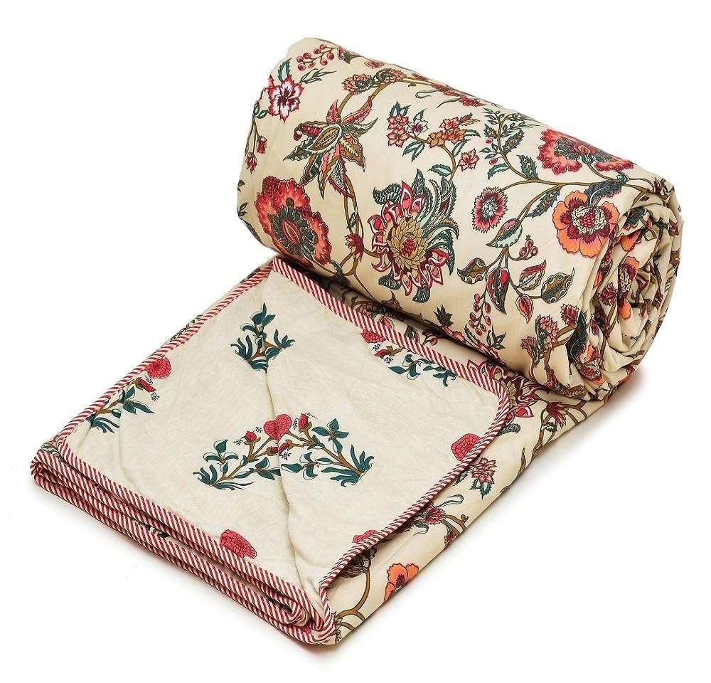 COZY FURNISH Summer Single Bed Blanket 144x220CM, Cooling Microfiber Cotton, Lightweight 150GSM AC Comforter, Soft Breathable Floral Print Quilt,Summer & AC use Mild Winter,Perfect for Gifting, Pink Kafalo