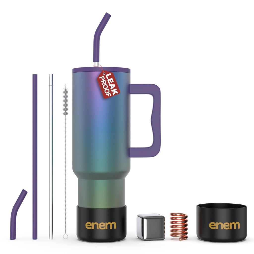 enem Tumbler, Midnight Aurora, Tumbler with Metal Straw, Sipper, with Lid Leak Proof, 1 Metal Ice Cube, 1 Copper Spring (Tamba), Base Protector, Mug Travel, 1.2L