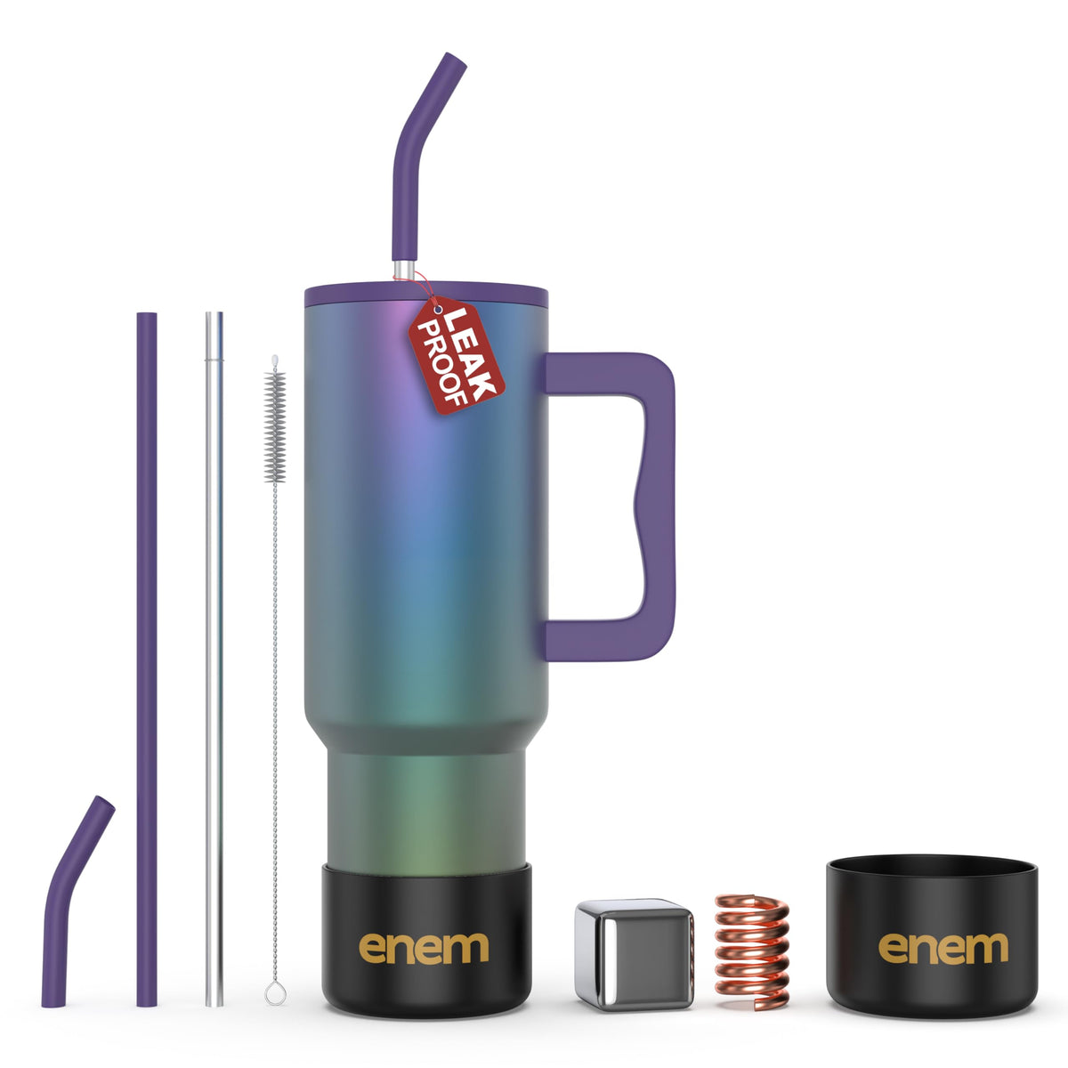 enem Tumbler, Midnight Aurora, Tumbler with Metal Straw, Sipper, with Lid Leak Proof, 1 Metal Ice Cube, 1 Copper Spring (Tamba), Base Protector, Mug Travel, 1.2L
