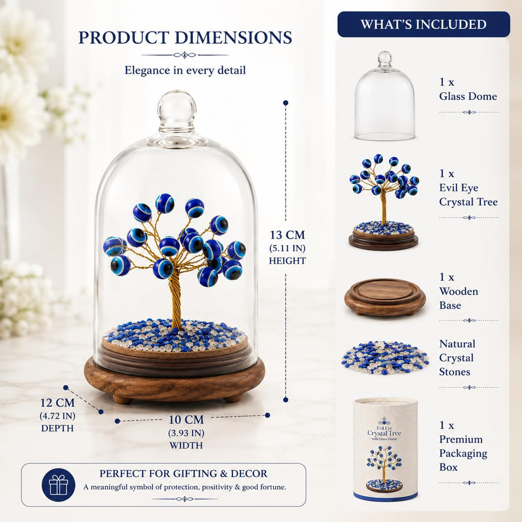 Evil Eye Tree with Glass Dome, Blue Evil Eye Beads on Wooden Base, Decorative Crystal Tree Showpiece for Home Office Tabletop Decor