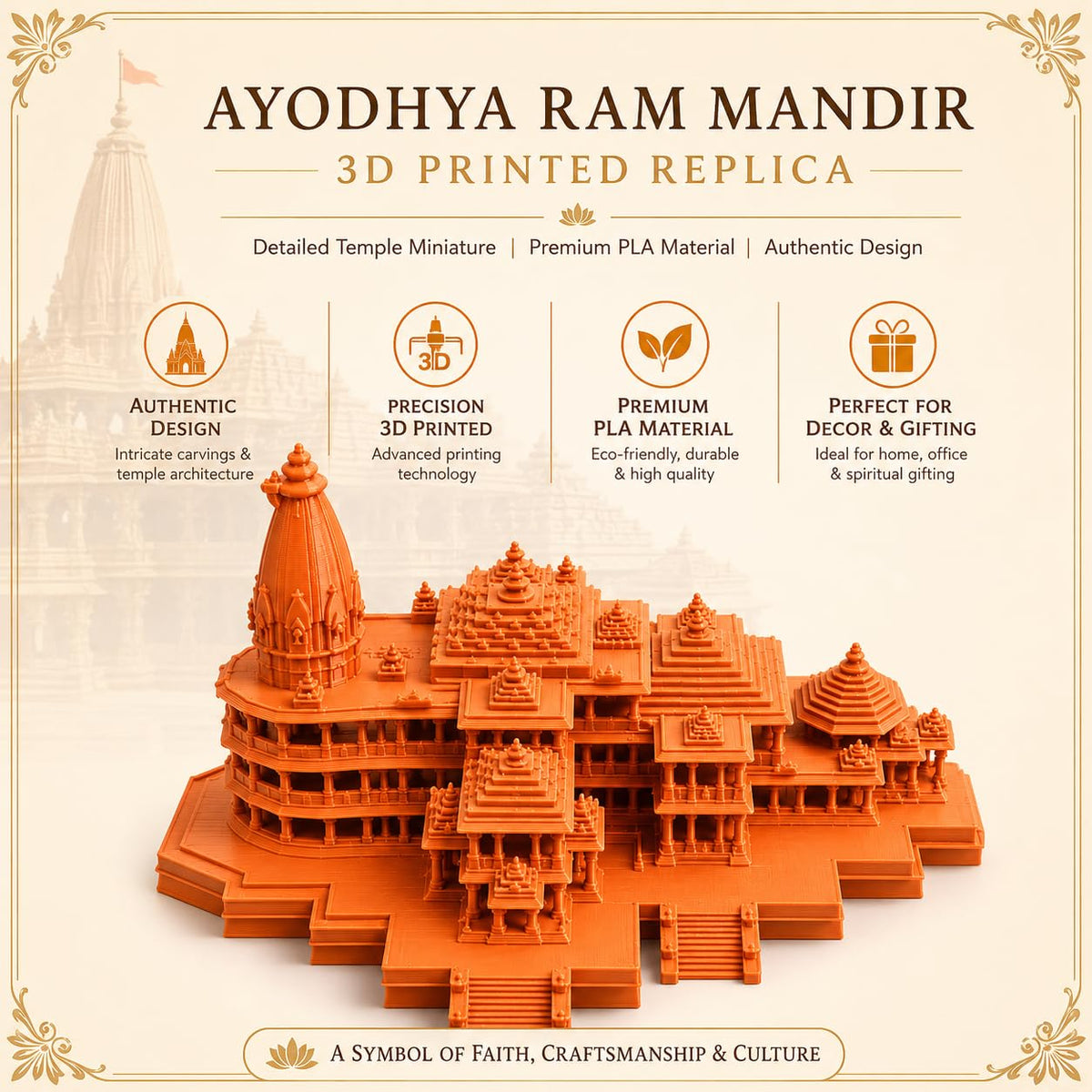 Abhimoments Ayodhya Ram Mandir 3D Printed Replica Model | Detailed Temple Miniature Statue | Premium PLA Architectural Collectible | Home Décor, Desk Display & Spiritual Gift