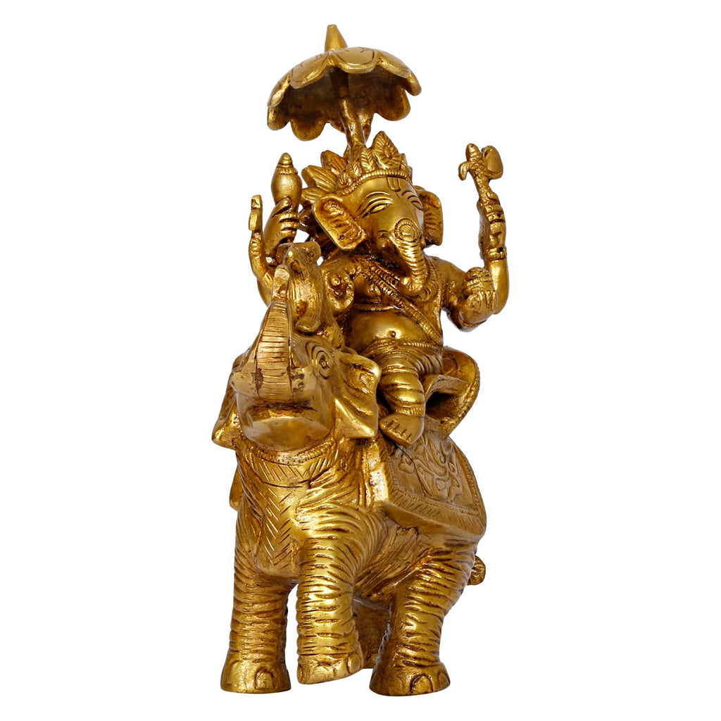 ARTVARKO Brass Ganesha Idol Ganesh Sitting on Elephant with Rat Mooshak Singhasan Ganpati Murti for Home Office Entrance Decor Diwali Pooja Golden Height 9 Inches