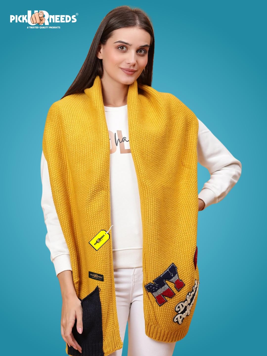 Pick Ur Needs Women Winter Woolen Muffler with Trendy Patch Design Soft Warm Knitted Scarf for Girls & Ladies Stylish Casual Mufflers (Yellow)