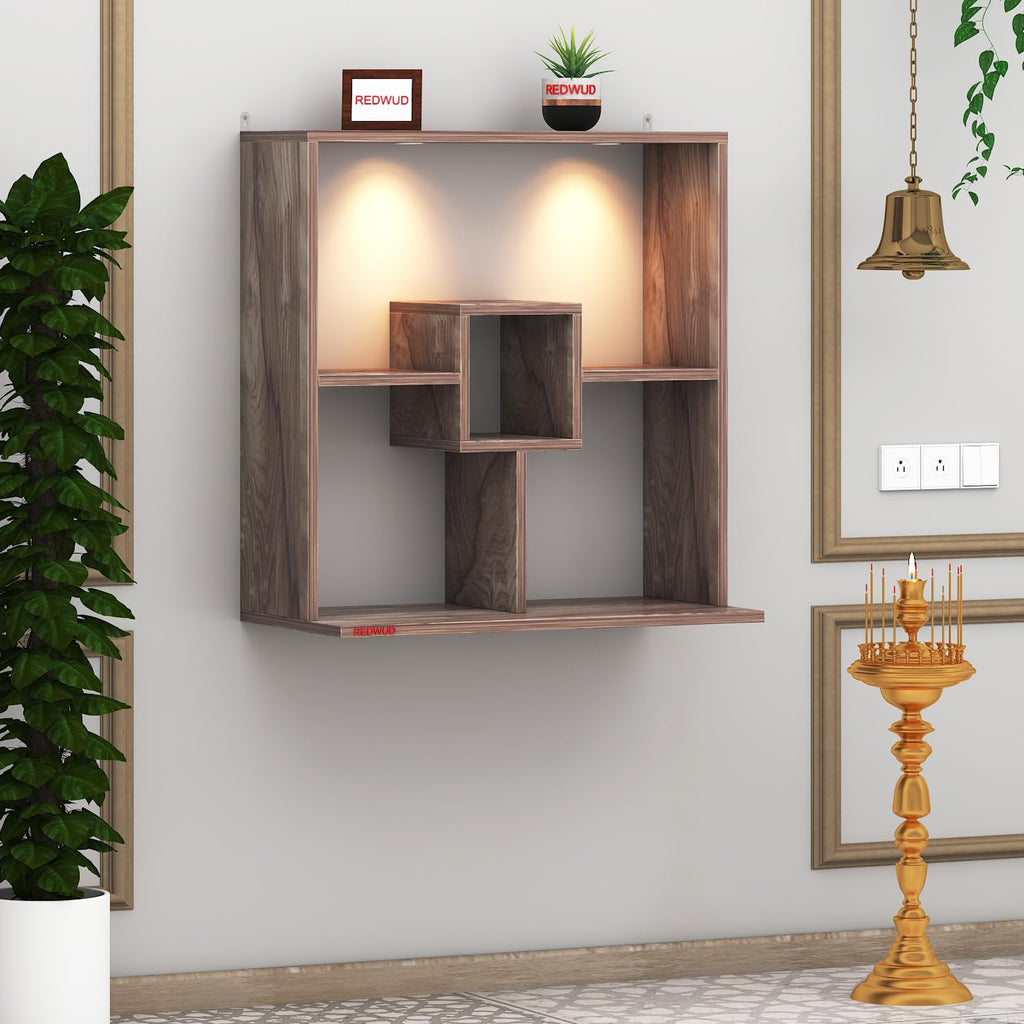 Redwud Shally Engineered Wood LED Light Wall Mounted Puja Temple for Home & Office | Modern Design Stylish God Stand Pooja Mandir | Coachwood (D.I.Y-Installation)