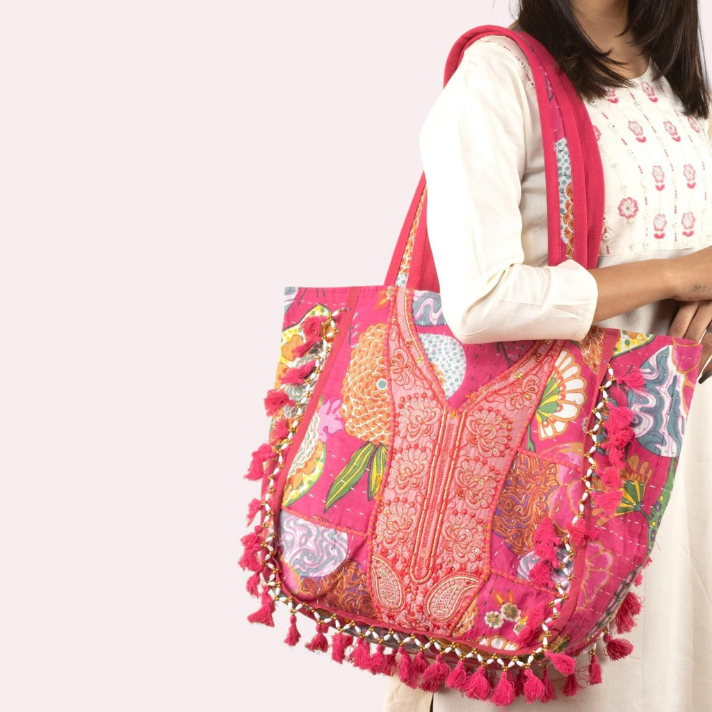 PREET GALLERY Handmade Cotton Patchwork Tote Bag, Multicolour, Double Handle|Women's Shoulder Bag, Pure Cotton Tote Bag, Handmade Patchwork Design (Ruby Red Multicolor)