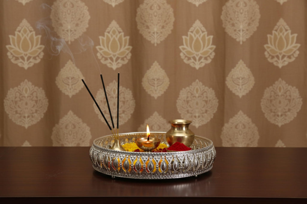 German Silver Tray 8 inches Pichwai Cow Design | Decorative Round Metal Plate for Pooja, Dry Fruits & Gifting | Traditional Handcrafted Serving Tray for Home Décor (Yellow)
