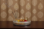 German Silver Tray 8 inches Pichwai Cow Design | Decorative Round Metal Plate for Pooja, Dry Fruits & Gifting | Traditional Handcrafted Serving Tray for Home Décor (Yellow)