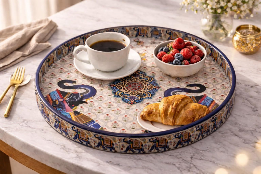 Dreams n Decor Round Wooden Serving Tray Set of 2 | MDF Decorative Trays for Center Table & Dining | Traditional Elephant Print (7 & 9) | Perfect for Tea, Coffee, Snacks & Housewarming Gifts