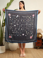 Ravaiyaa - Attitude is everything Women's Crepe Silk Digital Print Large Square Scarf Breathable Lightweight Neckerchief Printed Headscarf 40 x 40 Inch (Black & Blue I Like Flowers)