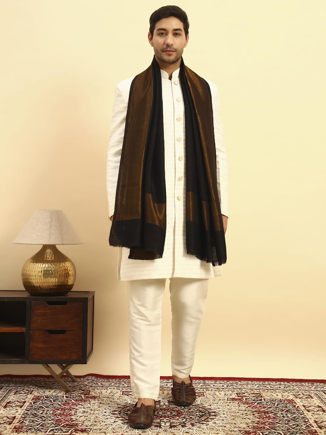 Pashmoda Men Midnight Bronze Reversible Zari Moonlight Fine Wool Stole (Size-28x80in, 71x203cm) MZSST04