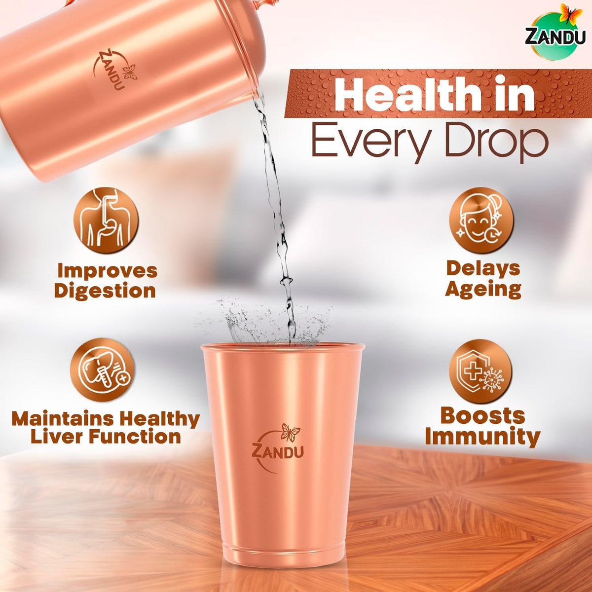 Zandu Copper Tumbler (Pack of 2, 300ml Each): Ayurveda Inspired, 100% Pure Copper, Supports Digestive & Liver Health, Boosts Immunity, Eco-Friendly