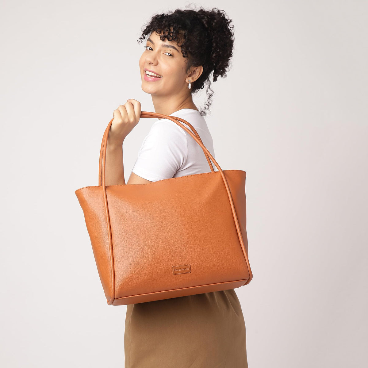 Fastrack Spacious Laptop Tote Bag for Women | Stylish Tote Bag for Girls, Ladies, Women | College Everyday Bag Made of Faux Leather (Tan)