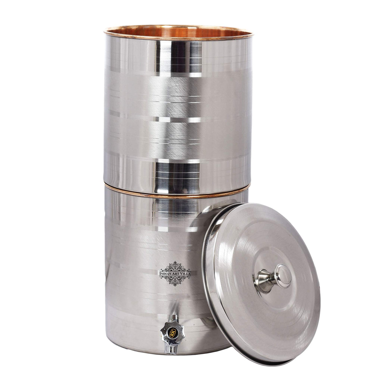 INDIAN ART VILLA Steel Copper Luxury Design Filter Water Storage Tank Pot 15 L (Silver, Brown), 15 Liter
