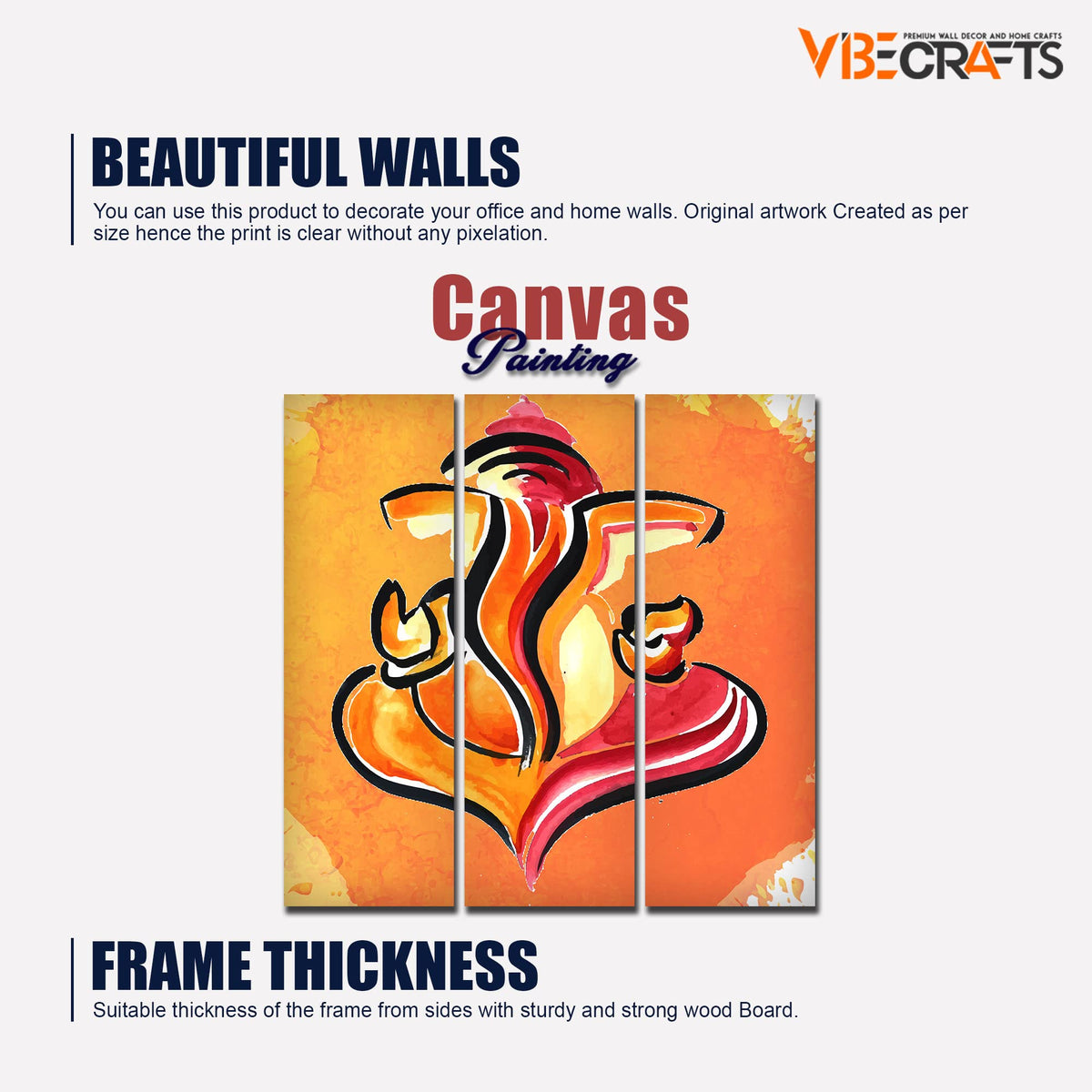 VIBECRAFTS Shree Ganesh Ji 3 Pieces Canvas Wall Painting Fitted With Wooden Frame For Home | Office | Living Room | Gifts (PTVC3Pcs1_9575)