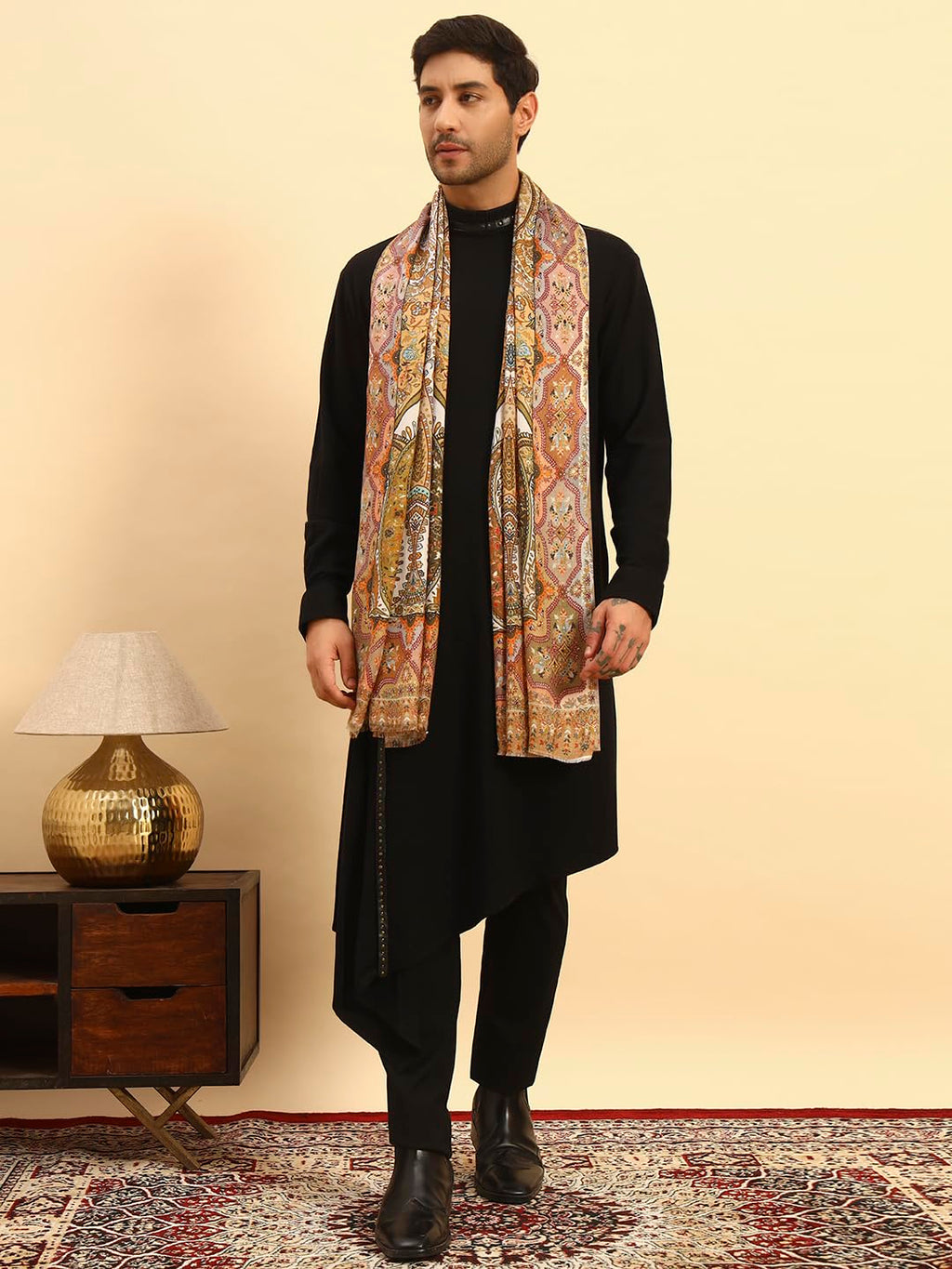 Pashmoda Men Royal Embers Fine Soft Bamboo Fibre Stole, Multicoloured Design, Evening Wrap, Luxury Pashmina Style Scarf, Wrap, Sustainable and Natural Fabric (Size 28x80, Mustard colour) MISST33