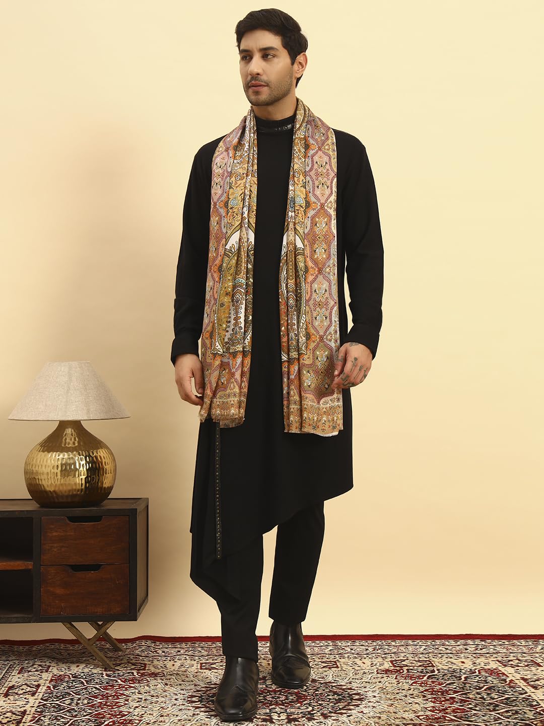 Pashmoda Men Royal Embers Fine Soft Bamboo Fibre Stole, Multicoloured Design, Evening Wrap, Luxury Pashmina Style Scarf, Wrap, Sustainable and Natural Fabric (Size 28x80, Mustard colour) MISST33