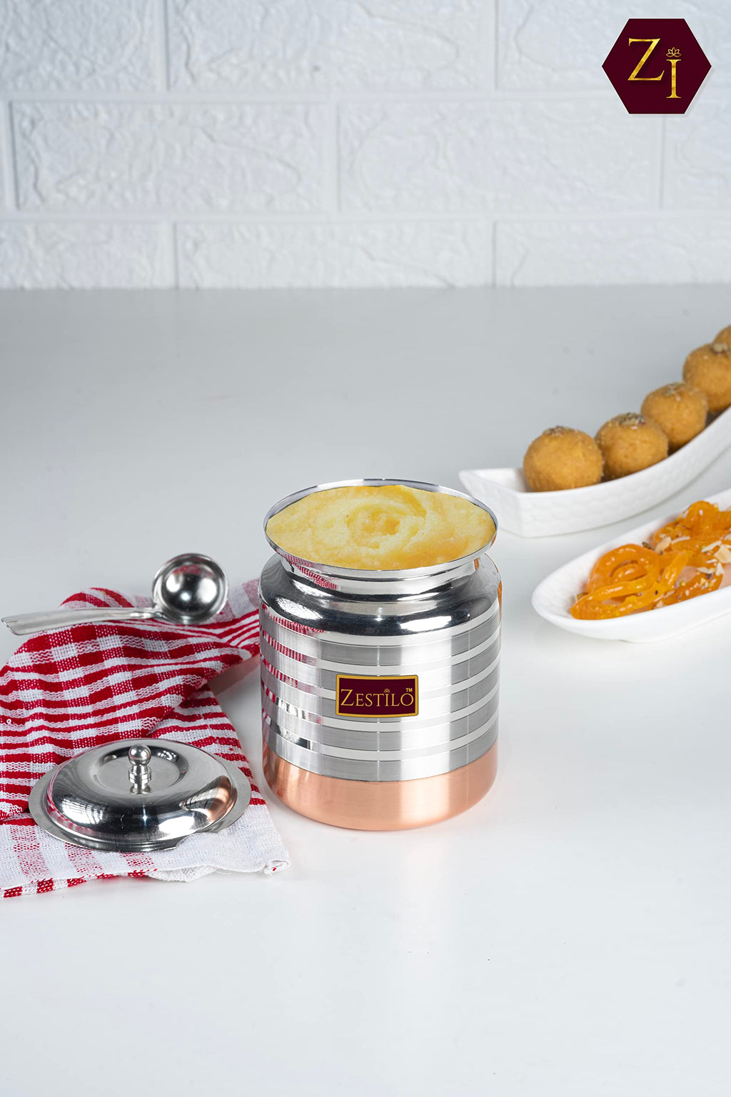 ZESTILO Stainless Steel Oil/Ghee Jar Ghee Container Oil Pot Ghee Container with Spoon Copper Bottom Finish (1500 ml)