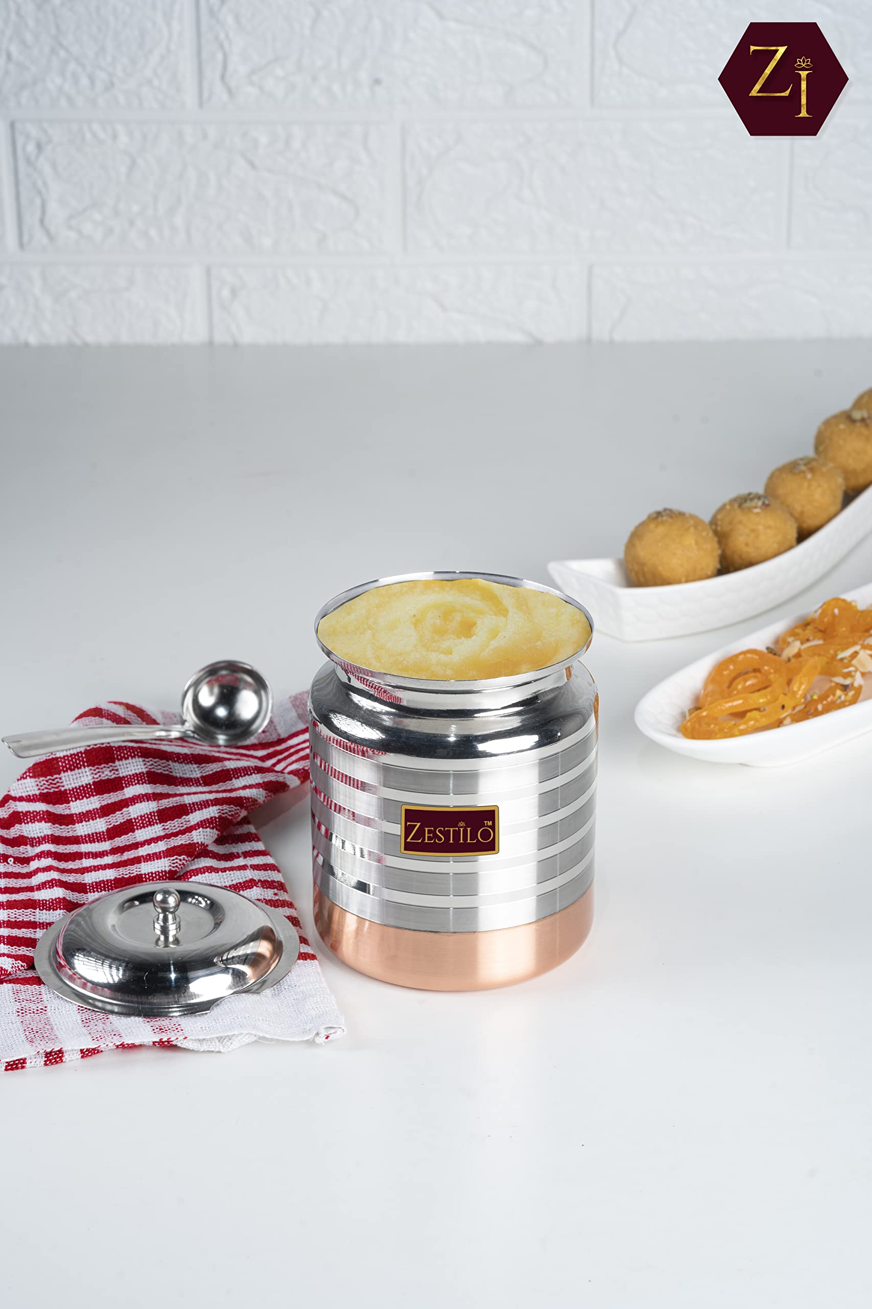 ZESTILO Stainless Steel Oil/Ghee Jar Ghee Container Oil Pot Ghee Container With Spoon Copper Bottom Finish (450 Ml) - Silver