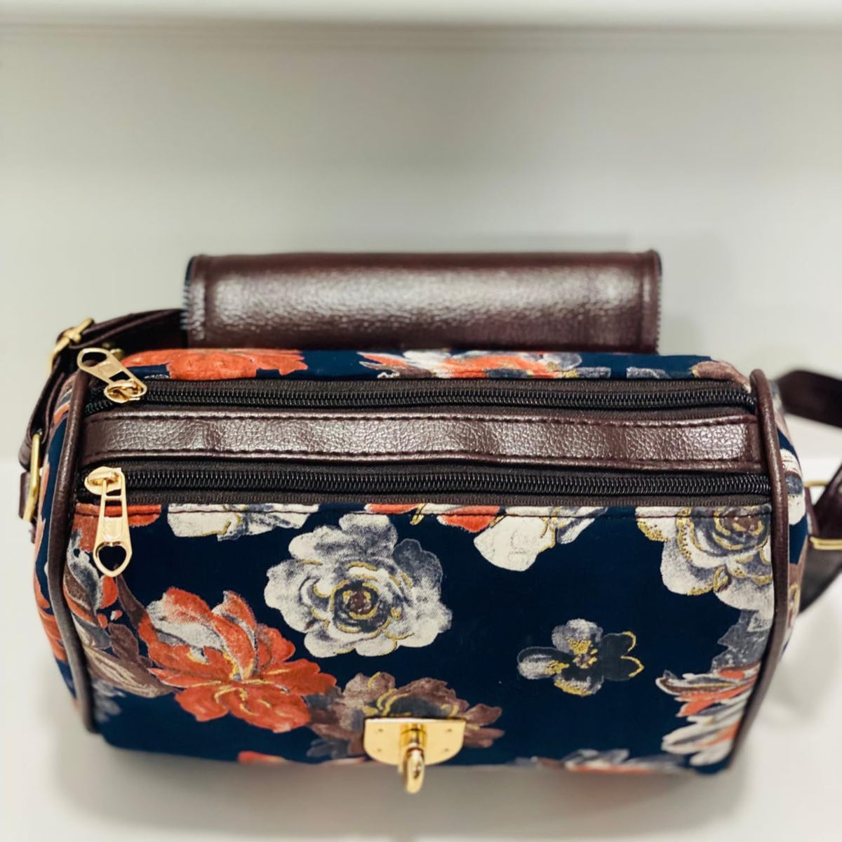 Shigora Women's Premium Cotton Printed Vegan Leather Satchel Bag For Women | Satchel Handbag for Work | Ladies purse | Medium Top Handle Handbag with Lock Closure (Navy Blue)