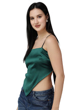 POPWINGS Casual Hankie Style Satin Solid Crop Top for Women || Square Neck Crop Top for Women || Sleeveless Crop Top for Women || Latest Stylish Women Crop Top for Summer Dark Green