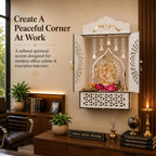 Venlay Wood Wooden Home Mandir with Double Door & Bell | Laser Cut Mandala Jali Cabinet Temple | Peacock Feather Engraving | MDF Pooja Ghar with Storage Drawer |Gold Motif Header (White)