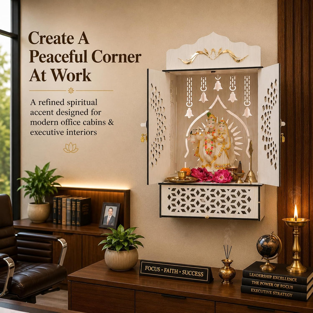 Venlay Wood Wooden Home Mandir with Double Door & Bell | Laser Cut Mandala Jali Cabinet Temple | Peacock Feather Engraving | MDF Pooja Ghar with Storage Drawer |Gold Motif Header (White)